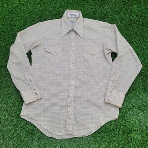 Vintage 80s Disco MOD Pearl Snap Shirt Large 22x31 Beige Plaid